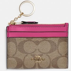 Coach Mini Skinny Id Case Keychain In Signature Canvas Pink khaki card holder